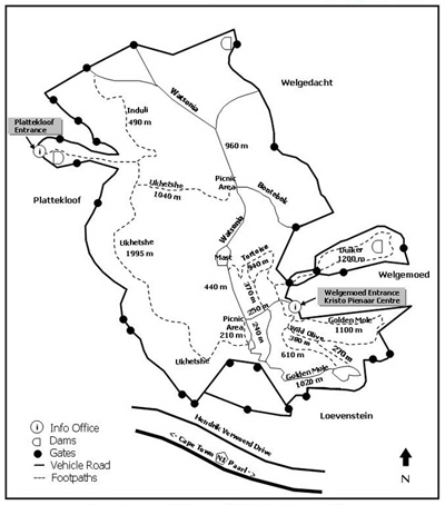 Hiking map of walks in Kristo Pienaar Environmental Education Centre